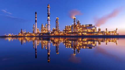 serene oil refinery plant reflecting on calm water during twilight, showcasing industrial beauty and intricate structures illuminated by warm lights