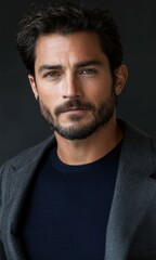 Obraz premium Stylish man with beard and tousled hair wearing a coat. Ideal for fashion, portrait, and lifestyle themes.