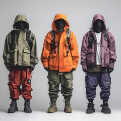 Fototapeta premium Three individuals in stylish, urban outdoor jackets and pants, showcasing modern streetwear fashion for adventurous lifestyles.