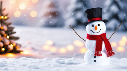 A view of a happy snowman in winter scenery with copy space