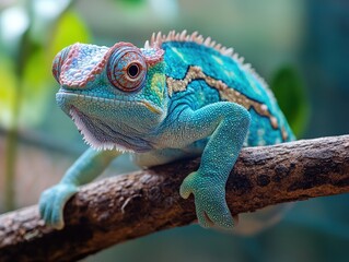 Obraz premium Vibrant chameleon perched on a branch, showcasing its stunning blue and green coloration in a natural habitat.