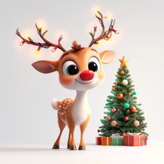 A cheerful reindeer with antlers adorned in colorful lights stands beside a Christmas tree, radiating holiday spirit and joy.