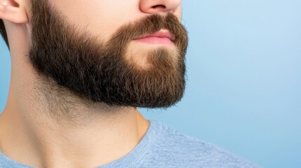 Obraz premium Man with beard and toothbrush in close-up, set against a blue backdrop