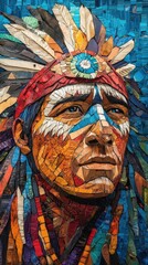 Obraz premium Vibrant portrait of a Native American man adorned with traditional accessories, showcasing cultural heritage and artistic expression.