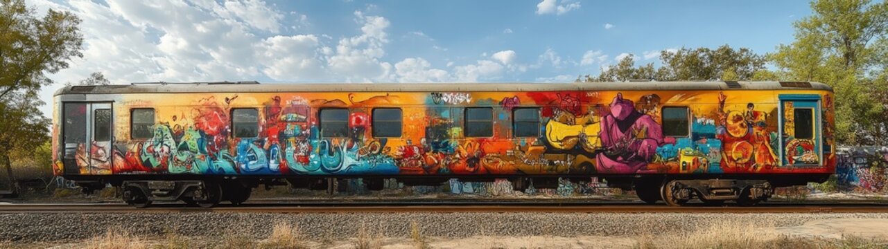 Vibrant graffiti art on a train car, showcasing colorful street art against a clear sky in an urban setting.