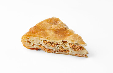 Pastry, cheese pie, tomato pie isolated white background and vegetables.