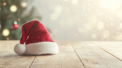 Festive red santa hat on rustic wooden table, a christmas background