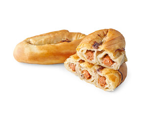 Pastry, cheese pie, tomato pie isolated white background and vegetables.