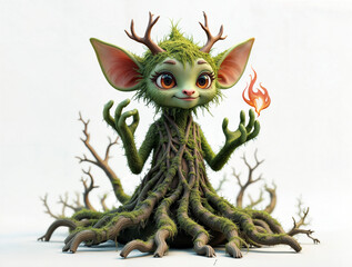 Fototapeta premium cute green forest spirit, ecology concept on white background. Generative AI