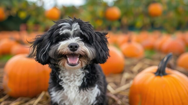 Cute black and white fluffy Havanese dog smiling in a pumpkin patch