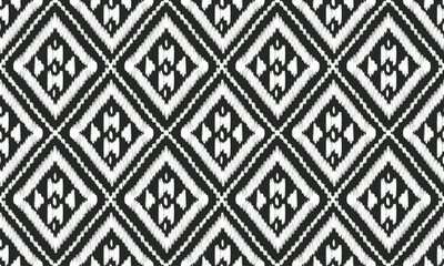 Ikat, Resist dyeing yarn, geometric shapes, bold colors. Repeating diamond pattern with central motif. Often used in textiles like scarves, rugs, and clothing.