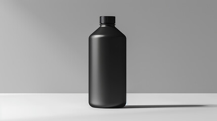 A sleek black bottle with a simple design, set against a light gray background.  The bottle's smooth surface and minimalist aesthetic create a sophisticated and modern look.