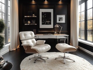 A sophisticated study room with black walls and white furniture