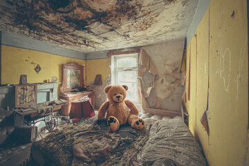 Big teddy bear in abandoned sleeppingroom