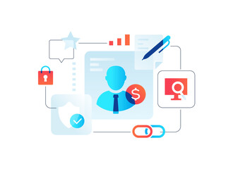 Business processes and finance - flat design style illustration on white background. Images of businessman, shield, computer, document, diagrams, link. Contract signing, safety, financial agreement