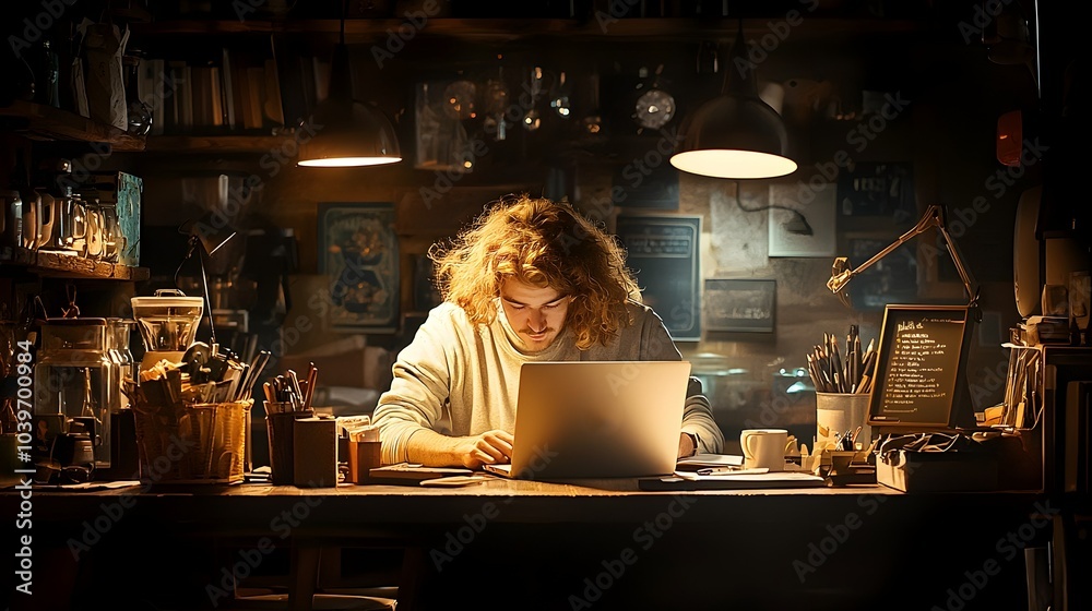 Aufkleber Glowing mesh lines create a captivating frame around a student working intently on their laptop in a cozy inviting cafe setting  The warm relaxed atmosphere promotes focus and productivity