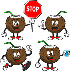 Coconut Drink Character Set 03, , Hand Drawn Vector illustrations, Isolated On Transparent Background
