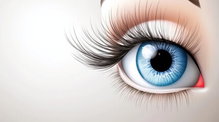 A tight shot of a blue eye, adorned with long lashes, and featuring a red punctum