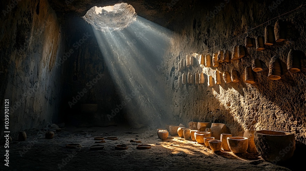Poster Mesmerizing digital rendering showcasing glowing mesh lines tracing the intricate details of statues and ceremonial offerings within the hallowed confines of an ancient temple
