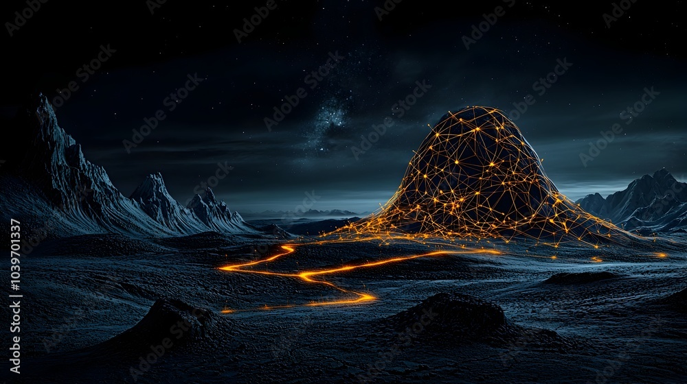 Aufkleber A breathtaking tundra landscape glowing with a mesh of intersecting lines that visualize the paths and movements of migrating animals across the vast frozen expanse of the Arctic wilderness