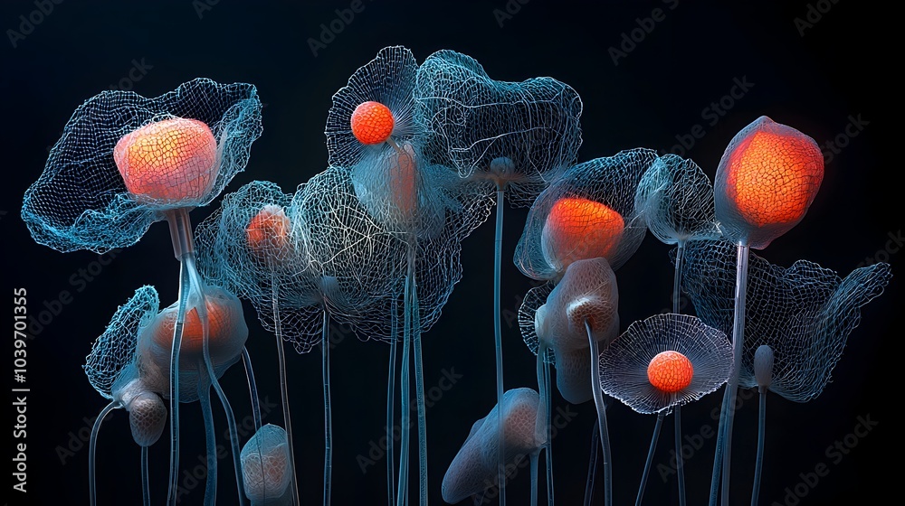 Aufkleber A captivating bouquet of flowers with mesmerizing glowing mesh patterns emanating from their stems creating a visually striking and ethereal floral arrangement