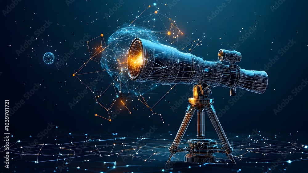 Poster A futuristic telescope with a glowing mesh frame pointed towards a starry night sky illuminated by vibrant neon constellations evoking a sense of cosmic and the wonders of the universe
