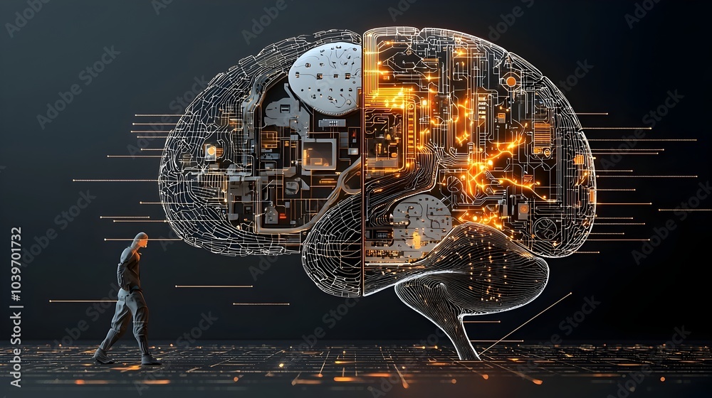 Poster A glowing futuristic mesh brain split into distinct sections each representing various cognitive functions and information processing within the mind