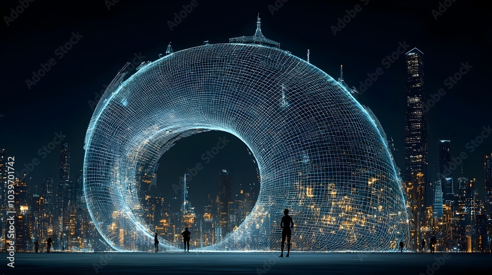 Aufkleber a futuristic city park scene featuring glowing mesh paths that trace jogging and cycling routes crea