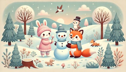 Fototapeta premium Whimsical Winter Day: Rabbit, Fox, and Bird Building a Snowman in a Soft Pastel-Colored Forest