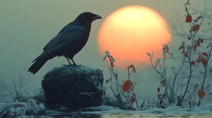 Fototapeta premium Raven Silhouette on Snowy Rock at Sunrise, Nature Photography