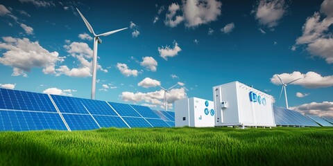 Modern energy battery storage systems, large solar power plants wind turbines, and Li-ion battery containers with blue sky and clouds. 3d rendering. Panoramic view.