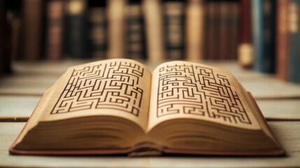 Fototapeta premium An intricate maze design on a vintage open book in a cozy library setting