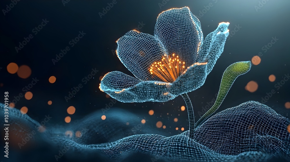 Aufkleber A mesmerizing digital artwork depicting a mesh flower blooming and evolving with glowing energy trails showcasing its dynamic growth stages in a captivating futuristic display