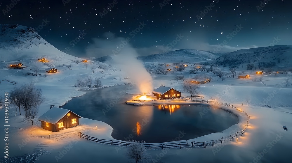 Aufkleber A mesmerizing image of a tranquil spring stream steaming in the middle of a serene snow covered landscape on a chilly night creating an ethereal and captivating atmosphere