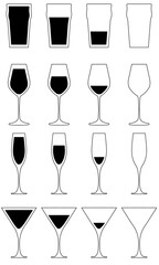 Set of different type of drinks glasses flat vector style isolated on a transparent background