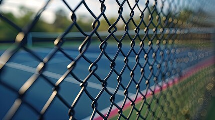 Fototapeta premium Close up of chain wire fence surrounding a tennis court