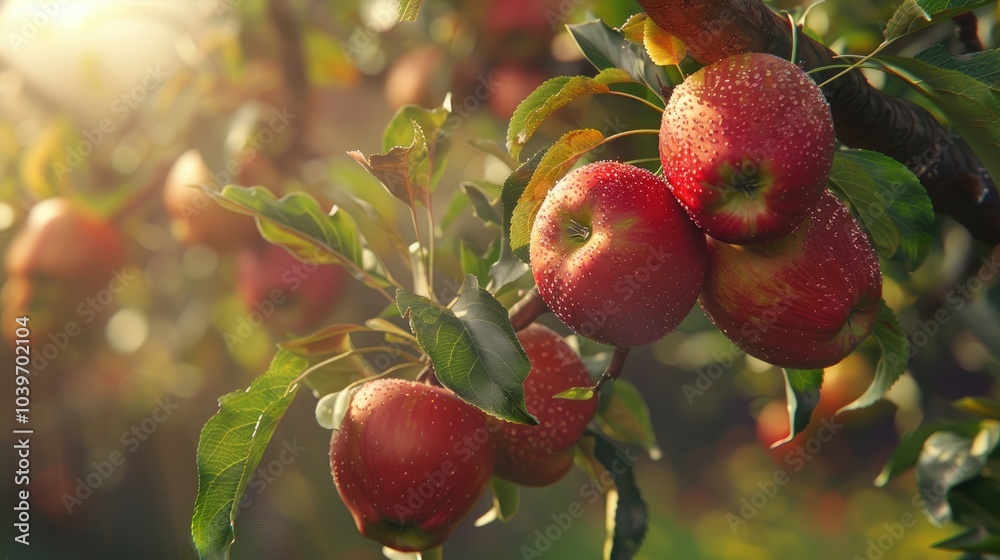 Aufkleber ripe juicy red apples dwarf trees apple tree in old orchard close up photo