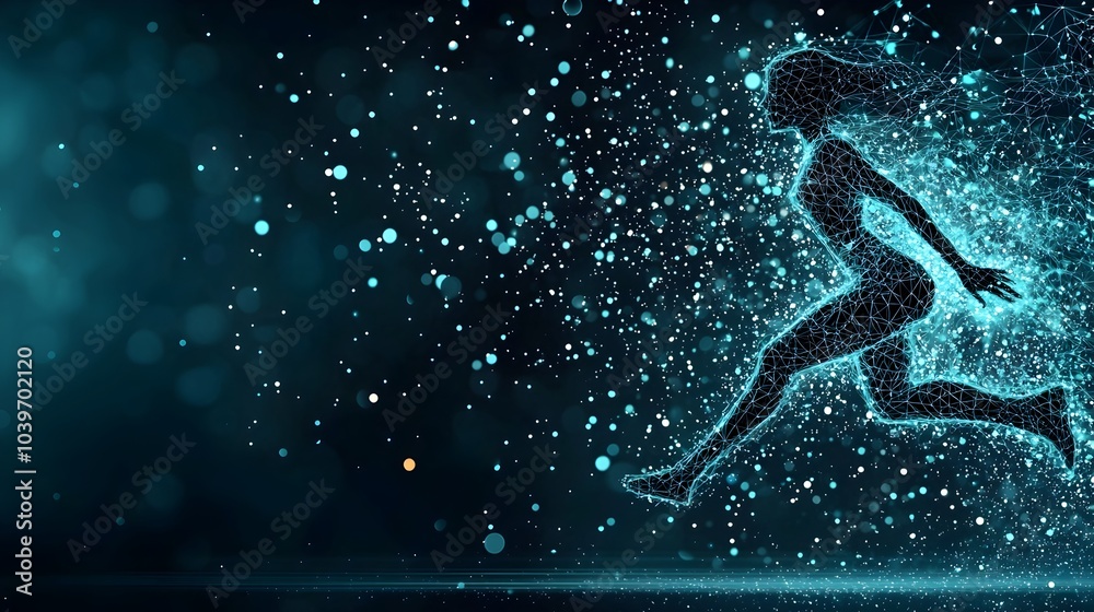 Fototapete A person jumping high with a glowing mesh trail behind them creating a dynamic and futuristic visual effect  This image showcases energy motion and the intersection of technology and the human form