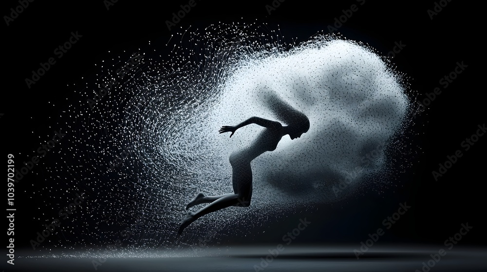 Leinwandbilder a person leaping into the air leaving a trail of glowing futuristic mesh behind them in a dynamic su