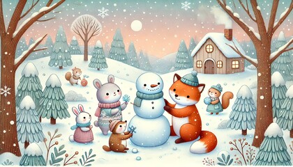 Adorable Animals Joyfully Building a Snowman in a Winter Wonderland