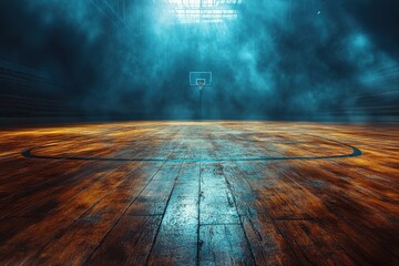 A dimly lit indoor basketball court with a single hoop during an atmospheric moment