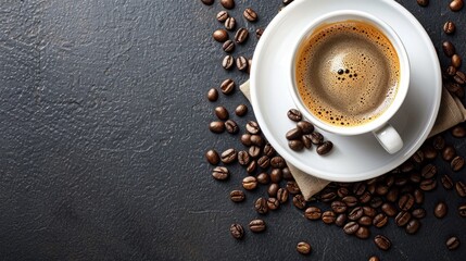 White cup of fresh hot coffee and coffee beans on the table top view flatl ay copyspace