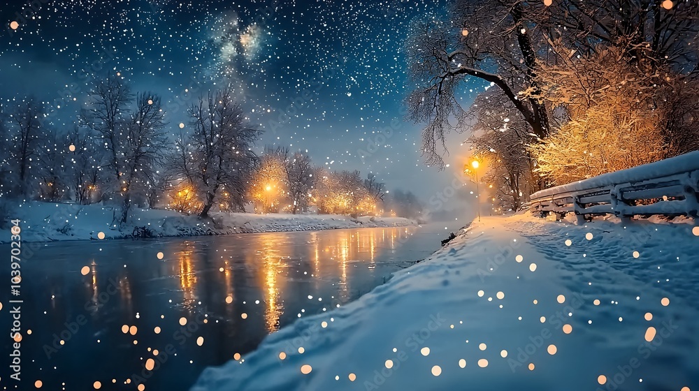 Poster A serene and mesmerizing scene of a frozen river reflecting the ethereal glow of distant stars in the night sky creating a captivating and otherworldly atmosphere