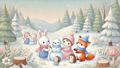Adorable Winter Scene: Rabbit, Fox, and Hedgehog Building a Snowman in a Soft Pastel-Colored Landscape