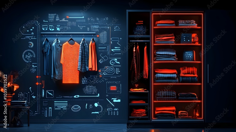 Poster A sleek and modern wardrobe with a glowing mesh pattern outlining the neatly folded clothes creating a visually striking and futuristic interior design element