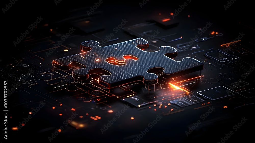 Aufkleber A striking digital abstract art piece featuring interlocking glowing mesh puzzle pieces with vibrant colorful outlines creating a futuristic and captivating visual composition