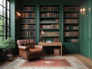 Fototapeta premium A sophisticated study room with emerald green walls and rich brown furniture