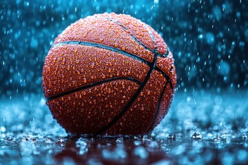 A wet basketball resting on a court during a rain shower at dusk