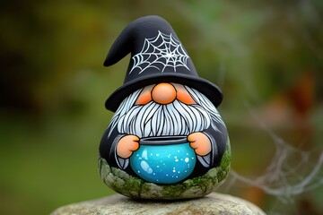 Naklejka premium Hand-painted rock with a cute gnome wearing a black wizard hat, set against a green background with a spider web. The gnome is holding a cauldron of bright blue liquid in its hand
