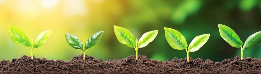 Fototapeta premium Flourishing new life, tiny green plants sprouting from fertile soil small